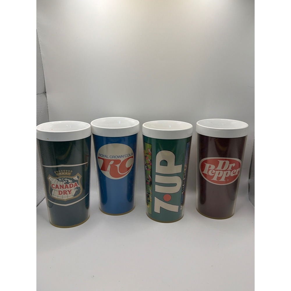 Vintage Thermo-Serv Soda Tumbler Set Dr Pepper 7-Up RC Cola Canada Dry 4pc